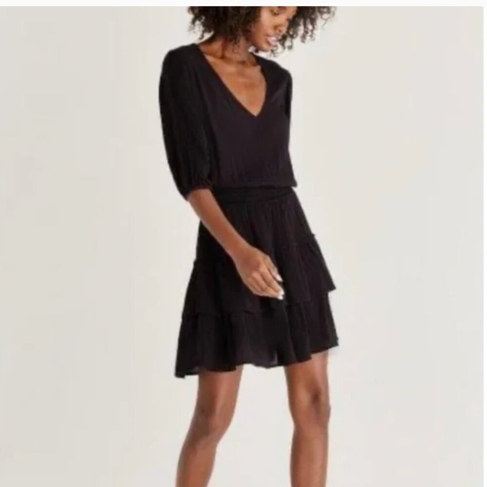 Black Z SUPPLY Stella Black Tiered V Neck Mini Dress, size M
